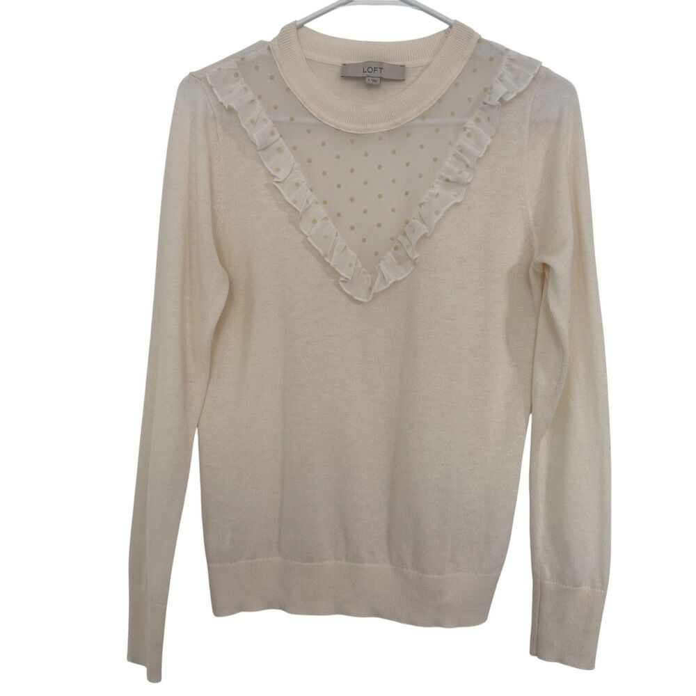 LOFT Ruffle Mesh wool blend Sweater S Crewneck Knit Polka Dot Minimalist - Picture 2 of 5